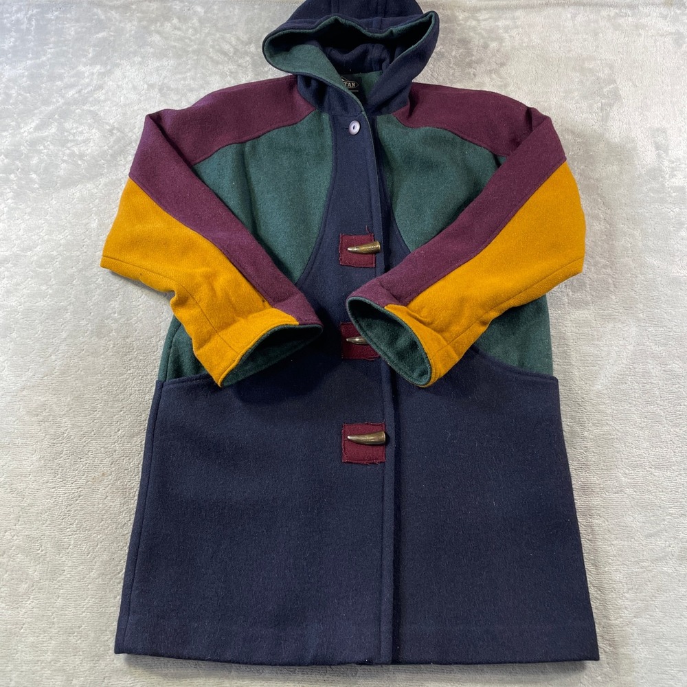 Vintage Braetan Coat Jacket Small Hooded Colorblock Wool Blend Toggle 90s USA